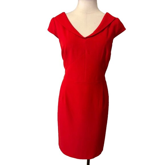 Tahari Levine Dress 12 Red Stretch Sheath Collared Short Sleeve Career Party - Picture 1 of 9